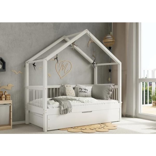 Profiwood - Hvide Hus seng med sammenklappelig seng, skandinavisk stil, 120×200 cm Vit