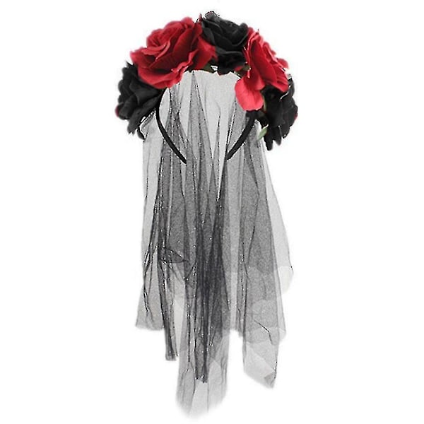Rose Blomster Slør Halloween Kostume Pandebånd Dødedag Hovedbeklædning Til Festival Karneval Fest (sort og rød)