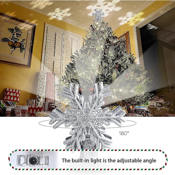 Julgrans Topp, Stjärnformad Julgrans Topp Med Ljus, Inomhus, Med Roterande 3D Silver Snöflinga LED-Projektor, Ihålig