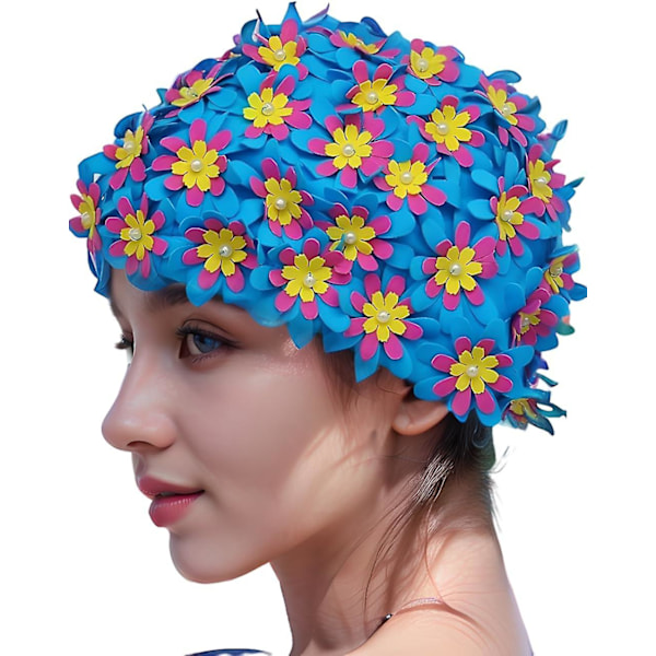 Svømmehette Floral Petal Retro Style Badehetter for Kvinner (Blå)