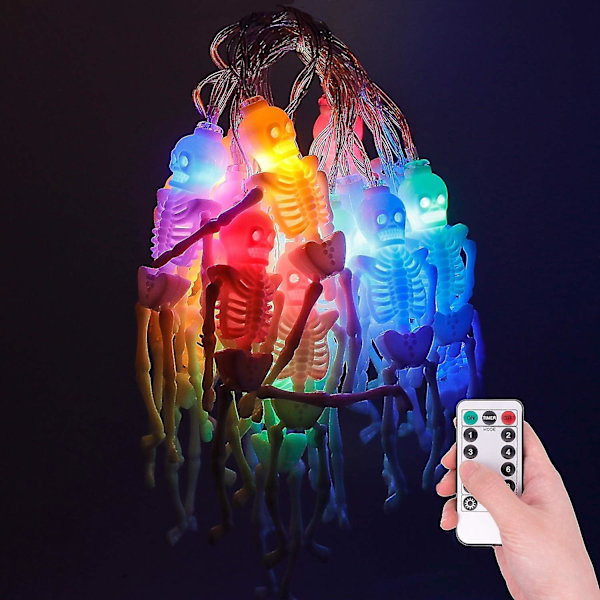 Halloween-skjelett-skalle-lyslenke - 9,8 fot/3 m 20 LED-er Skjelett 8 Moduser Vanntette Batteridrevne Lyslenker Med Fjernkontroll For Dekorasjon