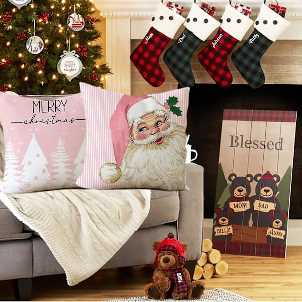 Julkuddar 18x18 Set om 4 Rosa Ränder Tomte Snögubbe Snöflinga God Jul Gran Låt Det Snöa