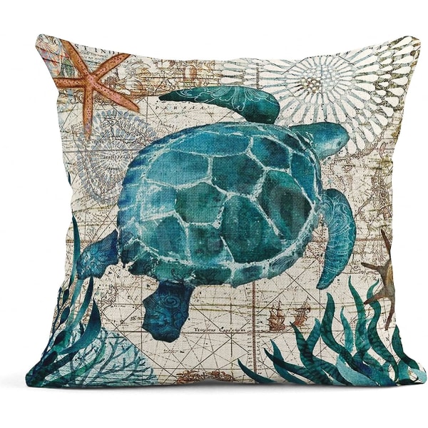 Sæt med 4 pudebetræk Blåt hav-tema Nautisk kystblæksprutte Hippocampus Skildpaddehval Middelhavsstil dekorative pudebetræk Indretning af hjemmet