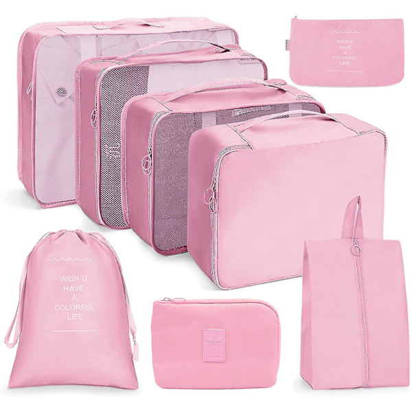 8-pack Resväska Organiseringsväskor, Packningsväskor med Skoförvaringsväska, Digital Väska (rosa)