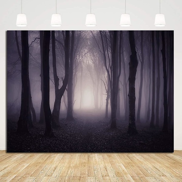 Halloween Misty Forest Bakgrund Halloween Spöklikt Krypande Skog Party Dekorationer Läskig Natt Twilight Halloween Party Banner (7x5ft)