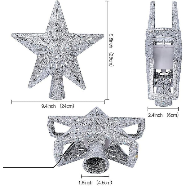 Joulukuusen huipputähti, valaistu tähti joulukuusen huippuun LED-pyörivällä lumihiutaleen projektorilla, 3D ontto hopea