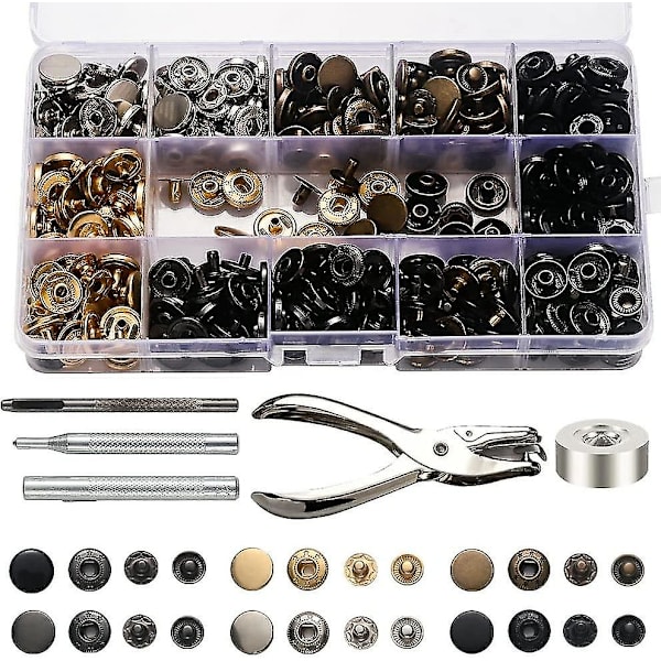 Snappknappssats, 120 st Metallknappar med Stämpel Tång och 4 st Fixeringsverktygssats för Klädtillverkning Reparationer, 6 Färger