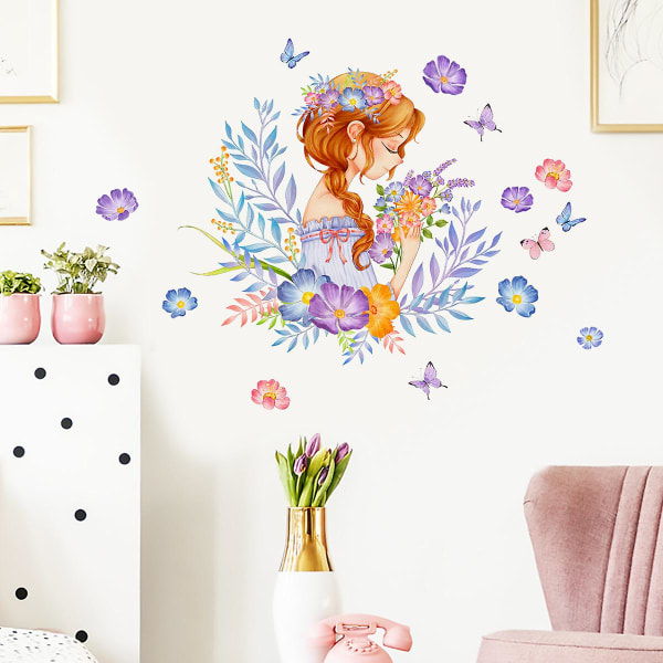 Väggdekal Blommor Fjärilar Flicka Väggklistermärke för Sovrum Vardagsrum