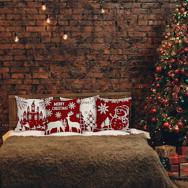 Julkuddeöverdrag 45x45cm, Set om 4 Juldekorativa Soffa i Bomull och Linne Jul-juldekoration Röd