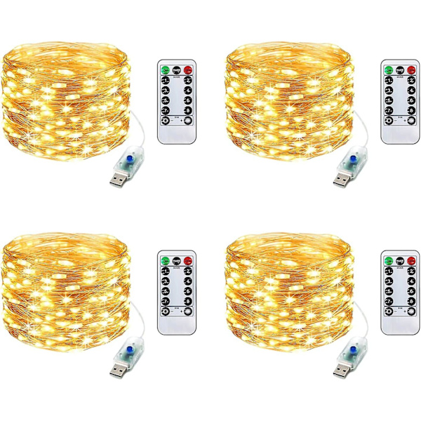 Fairy String Lights 4-pack 10m 100 LED USB-kontakt Koppartråd Strängljus Fjärrkontroll För Inomhus Utomhus Sovrum Jul Jul Halloween Fest Dekoration