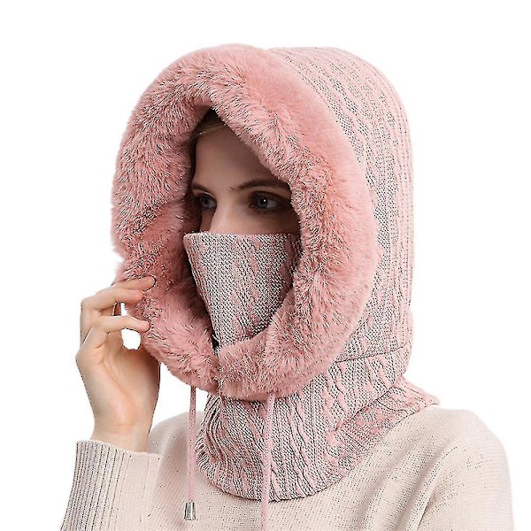 Vinterlue med hette, skjerf, kunstig pels, strikket halsvarmer, tykk, myk, fluffy beanie for kvinner (rosa)