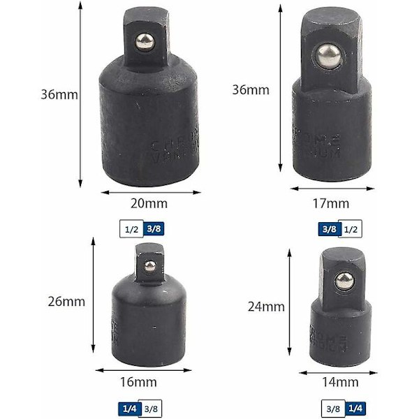 Sokkelsett Sett med 4 stk Øker og Reduser Adaptere 1/2\", 3/8\", 1/4\" for Sokler til Skiftenøkler