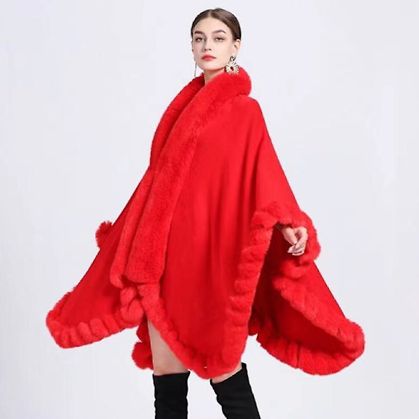Vinterrock Tassel Sjal Kappa Pälskrage Ullsydd Faux Päls Cape Coats Poncho Kvinnor