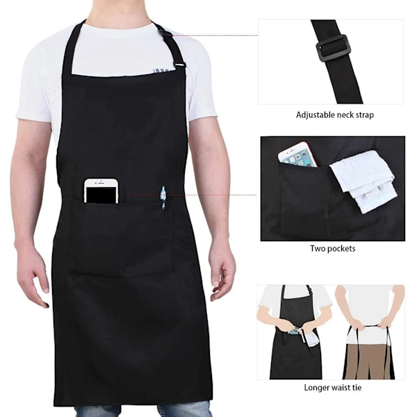 2 st Enfärgad Polyester Matlagningsförkläde Justerbart Köksförkläde Mjuk Kockförkläde med Väska för Kvinnor och Män Färg Svart