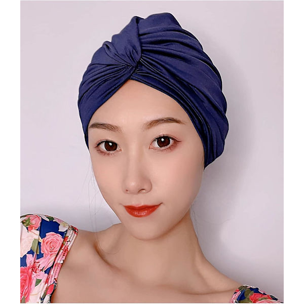 Stof Svømmehætte Plisseret Svømmehat Kvinder Svømmehætte til Turban Hat, Navy Blå