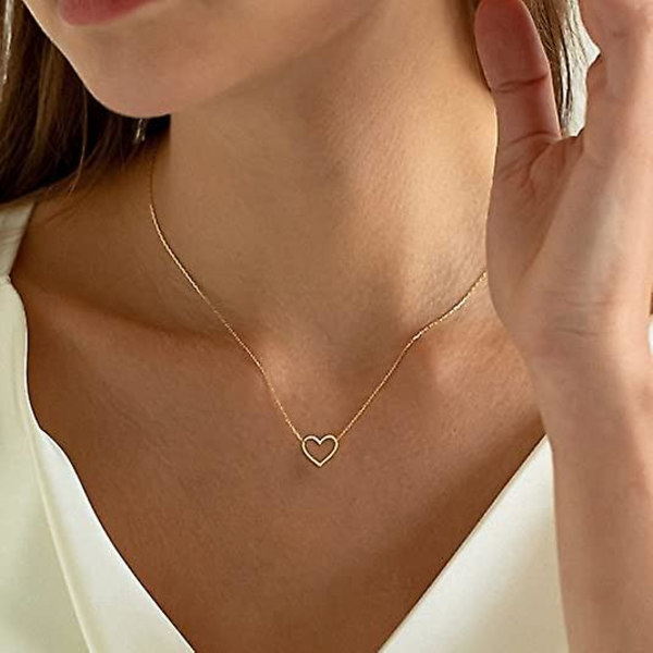 Søt hjerte-halskjede, lite 14k gullhjerte-anheng, choker-halskjeder, lite gullkjærlighetskjede med åpent hjerte for kvinner, delikat gullkjede