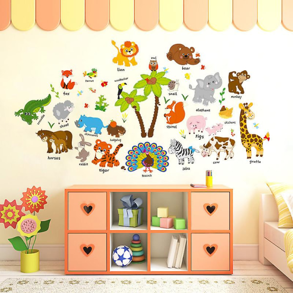 Et sett med Animal Wall Stickers med deres fornavn på engelsk Wall Stickers Veggdekorasjon til stue Soverom kjøkken kontor