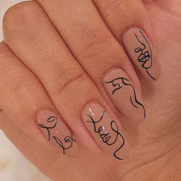 Nøgen graffiti tryk på negle med designs,akryl negle tryk på,klæb på negle til kvinder,kunstig lim på negle,korte ovale falske negle til neglekunst