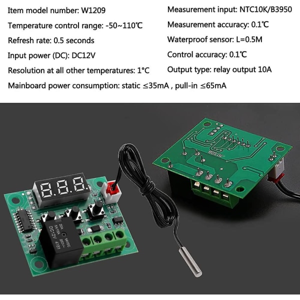 2 deler W1209 temperaturkontrollmodul, DC 12V mikro digital termostat, elektronisk temperaturkontrollmodul, -50-110°C, med vanntett NTC P