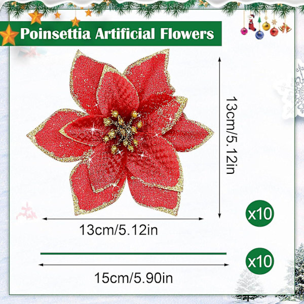 10 st konstgjorda julblommor, julglitter-julstjärneblommor prydnad, konstgjorda kransblommor till jul, röda