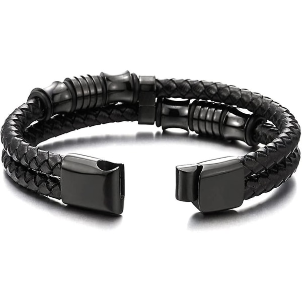 Herr dubbelrad svart flätat läderarmband Armband handledsrem med svarta berlocker i rostfritt stål