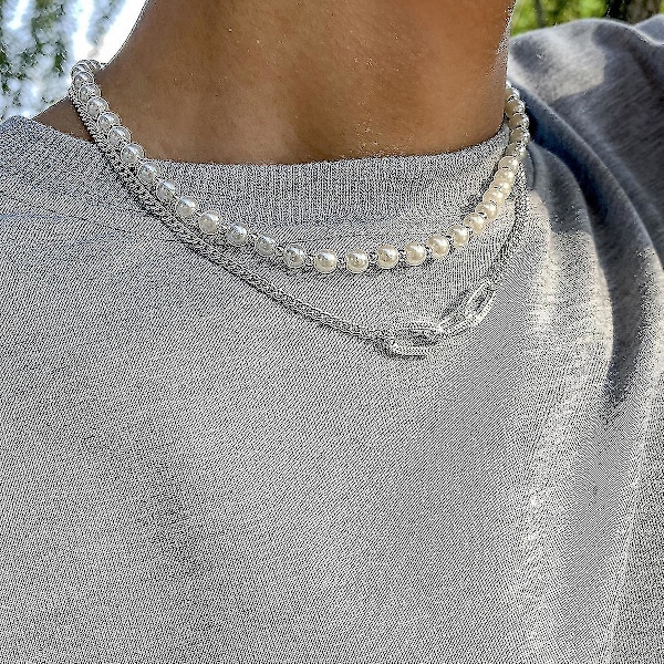 Hip Hop Retro Imitations Pärl Halsband för Män, Vit K Set 2564 (Silver)