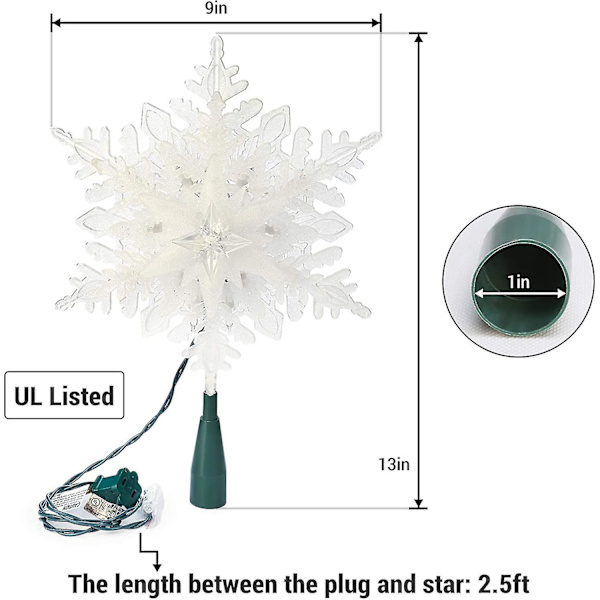 Snöflinga Julgranstopp, 9,25 tum Julstjärna Topp med 20 Varma Vita Ljus, 120v Ul