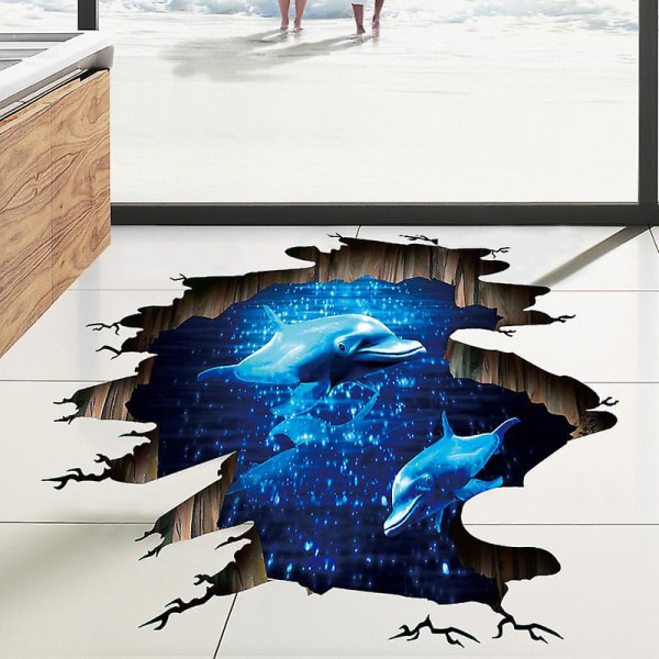 Golvdekaler Mörkblå Fantasy Dolphin Badrumsvägg Vardagsrumsdekor väggmålning, 1 st.