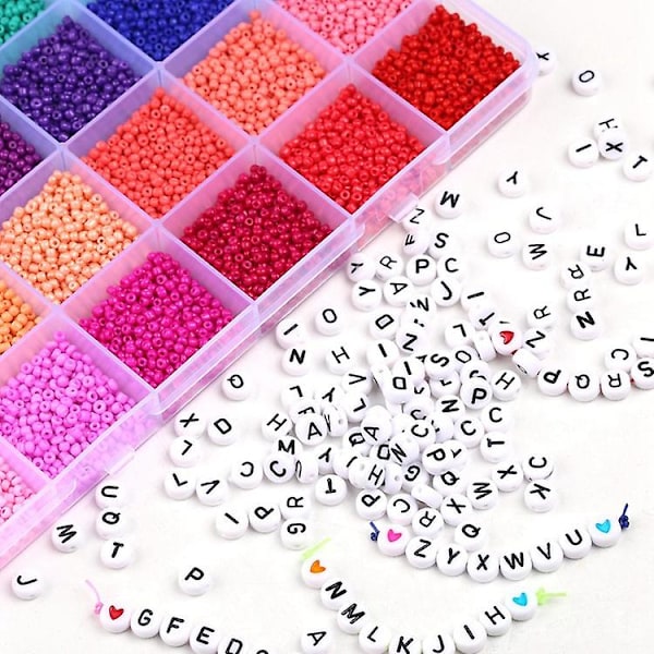 2mm Glass Seed Beads Box Set Med Verktøy Alfabet Perler Til Smykkefremstilling Armbånd Ringer DIY Tilbehør Smykkesett, 15