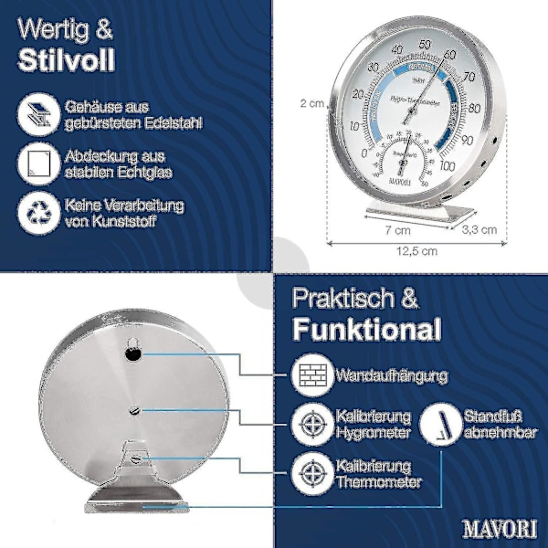 Sisätilojen analoginen hygrometrin lämpömittari - Korkealaatuinen ruostumattomasta teräksestä valmistettu kosteusmittari ja huonelämpömittari luotettavaan ja