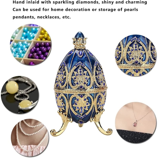 Handmålat Emaljerat Faberge Ägg Kunglig Stil Diamant Ägg Smyckeskrin för Halsband Armband Prydnadssak Heminredning Gåvor-D (blå)