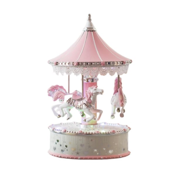 Speldosa, karusell för tjejer - färgskiftande musikalisk karusell Häst Roterande, rosa musikdosa, alla hjärtans dag Kvinnodagens födelsedag (silverpulver)