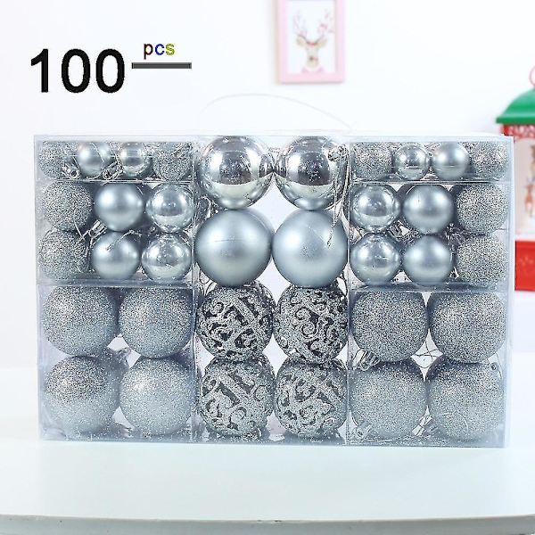 100 st Silver Julgranskulor i Olika Storlekar, Okrossbar Plast Julgranskulor, Jul