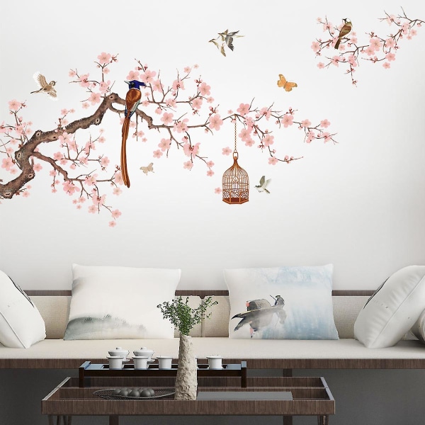 En set väggdekaler med blomgren för fågelbur, väggdekor för väggfönster, väggdekoration för vardagsrum sovrum kontor kök