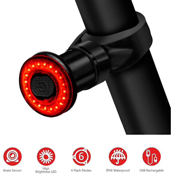 Cykel Baglygte, LED USB Opladning Smart Brems 6 Tilstande