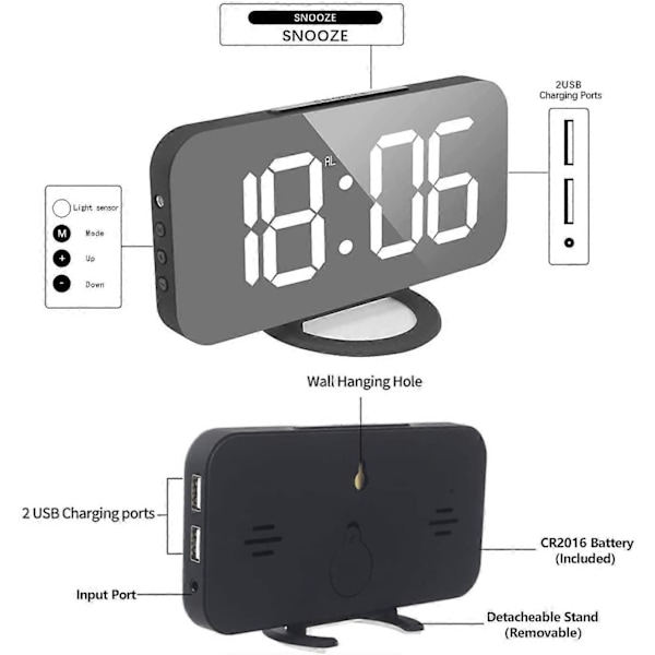 Digital väckarklocka, stor spegel LED-klocka, snooze, svagt nattljus, 2 USB-laddningsportar