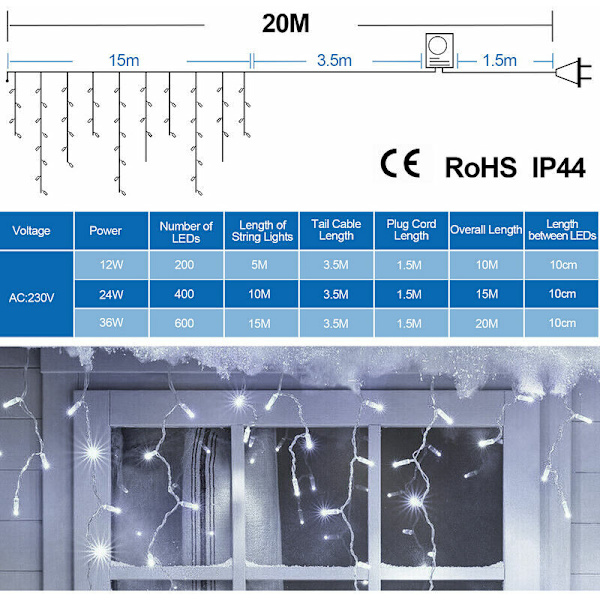 20m 200 LED Isregn Fe-ljus ljusslinga Jul ljusslinga Lampa ljusslinga Fest IP44 Utomhus Inomhus Kall vit - kall vit