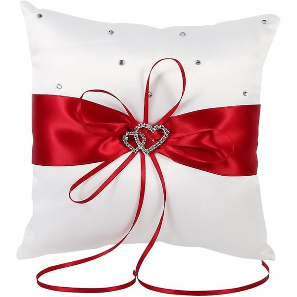 Wedding Ring Bearer Pillow Cushion with Rhinestone Decoration Bowknot Double Heart Decorative Ribbon Romantic Wedding Ceremony Party Home Decor(Red)