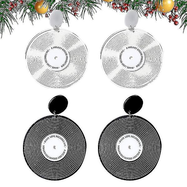 4 stk Vinylplate Ørepynt Runde Ørestikker Elegante Sjarmerende Øre Smykker Gaver Til Kvinner Damer Jenter (hvit + svart)
