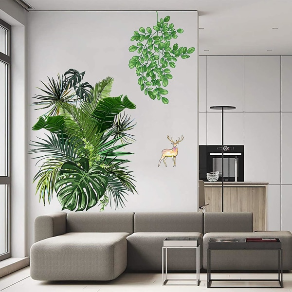 Veggklistremerker for grønne planter, avtakbare, vanntette, friske blader, veggdekor på vegg, levende tropiske blader og veggmalerier til stue på soverommet