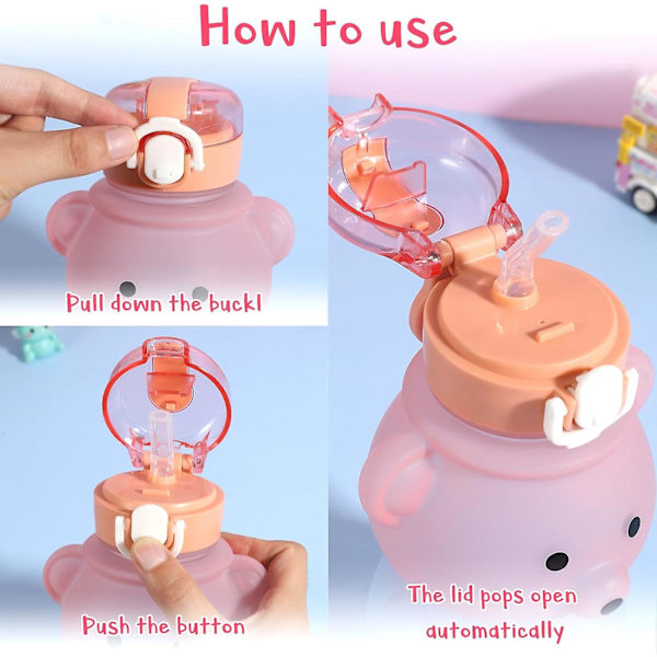 Kawaii björn vattenflaska med sugrör och rem, 800 ml söta gradient färgglada vattenflaskor bärbara läckagesäkra BPA-fria drickskoppar för barn flickor