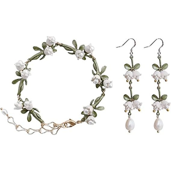 Handgjorda set för kvinnor Silvertone Valley Liljekonvalj Orkidé odlade pärlor Vintage örhängen Bröllopsarmband