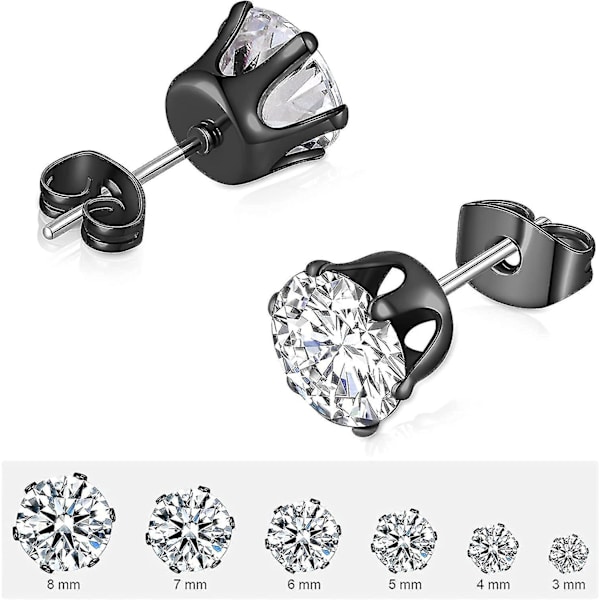 6 Par Studörhängen Set, Klar Kubisk Zirkonia 316l Rostfritt Stål Örhängen För Kvinnor För Män 3-8mm E Vit Sten