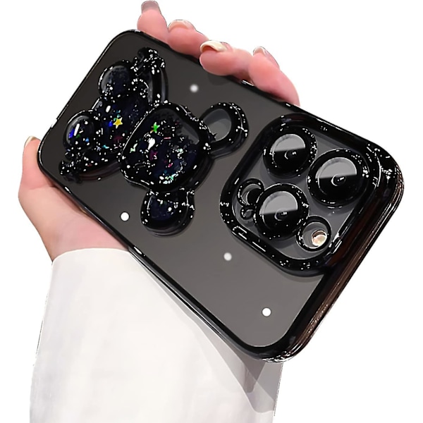 Elektropläterad iPhone 14 Pro Max-fodral för kvinnor Lyxigt flytande fodral med inbyggt kameraskydd Klar glittrande björn Smalt stötsäkert