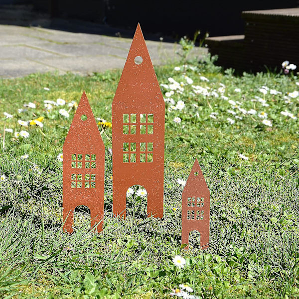 Havehus Havepæl Sæt af 3, Havedekoration Rust Look, Rust Metal Havepæle til Have, Terrasse, Balkon