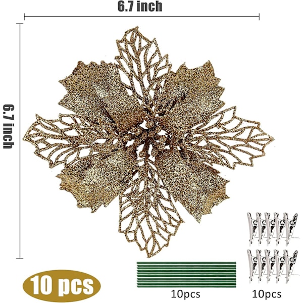 10-pack Julglitter Poinsettia Blomsterplock Julgransprydnader 15 cm Bredd för Julgran Girlander Girlang Säsongsbetonad Bröllopsdekoration (