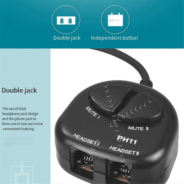 DU Mute Switch Träningsadapter, Dubbel RJ9-kontakt med RJ9 Headset-kontakt, för Call Center Headset Träningsadapter 4P4C