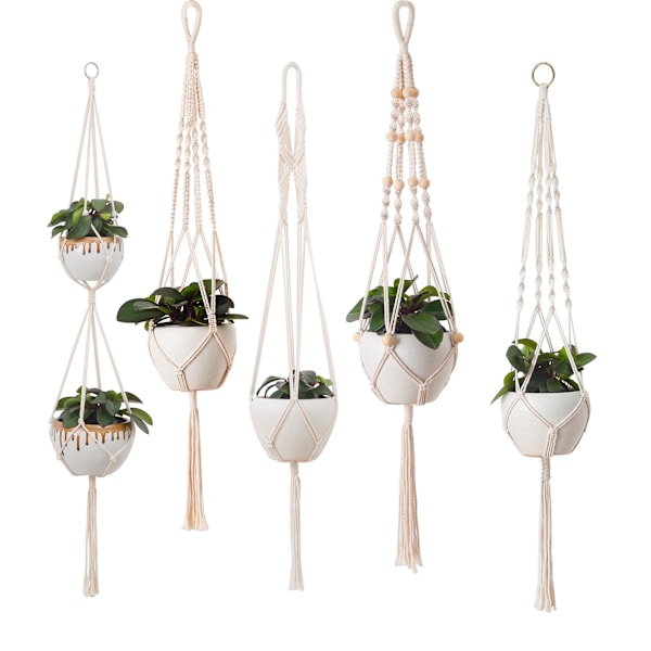 Sett med 5 Macrame Blomsterampere, Boho Deco Bomullsrep Henge Ample Blomsterpotte Planteholder Henger for Innendørs Utendørs Tak Balkonger (Beige)