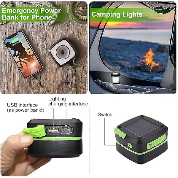 Fällbar Campinglykta Solcellsladdad USB Laddningsbar Campinglampa 3 Ljuslägen LED Ficklampa För Vandring Nödsituationer (grön)