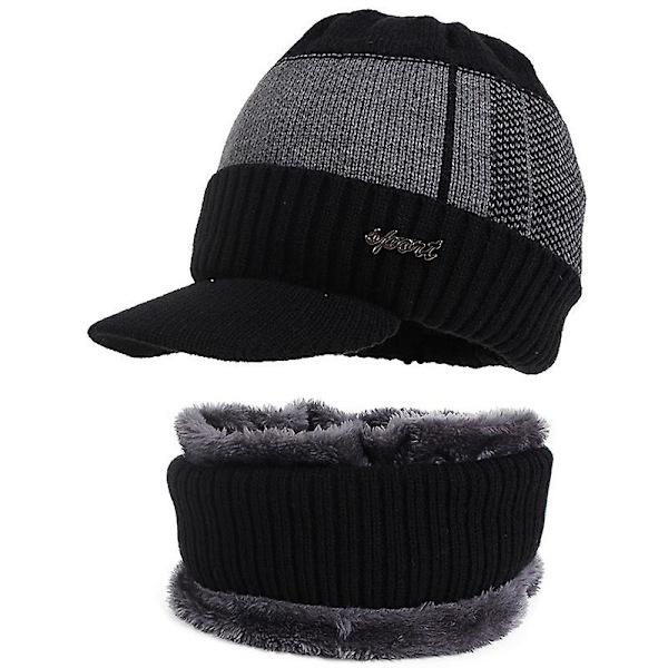 Mænds varm vinter spids beanie hat sjal sæt fleece foret udendørs strikket hue (marineblå)